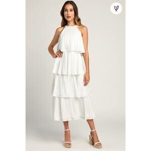 NWT Tier and Far White Tiered Pleated Halter Midi Dress Size L